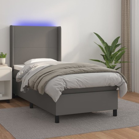 vidaXL Cama box spring y colchón LED cuero sintético gris 90x190 cm