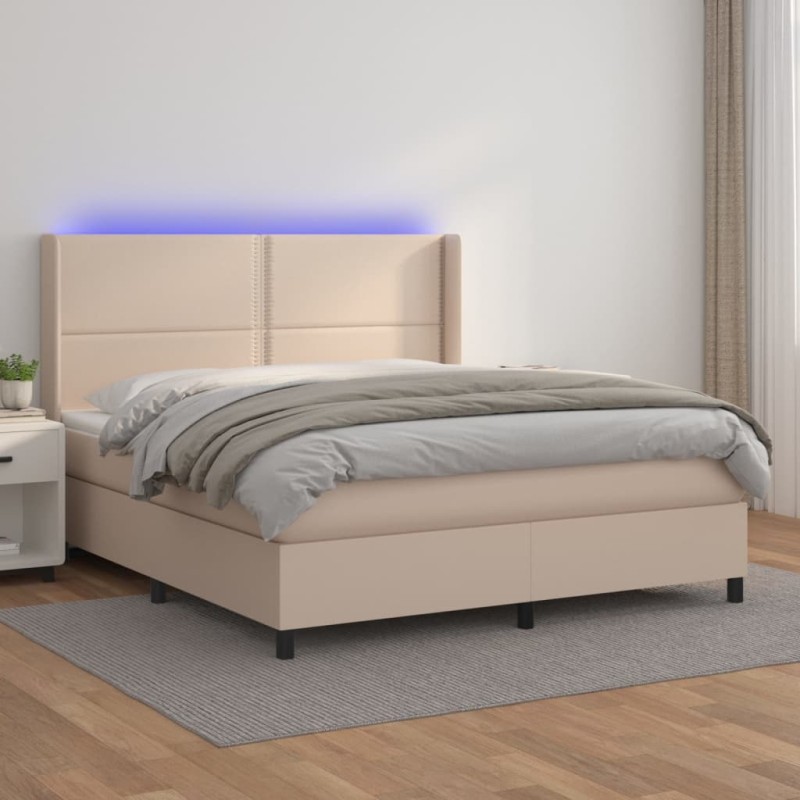 vidaXL Cama box spring colchón LED cuero sintético capuchino 180x200cm vidaXL Cama box spring colchón LED cuero sintético capuchino 180x200cm