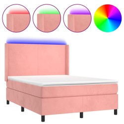 vidaXL Cama box spring colchón y LED terciopelo rosa 140x190 cm