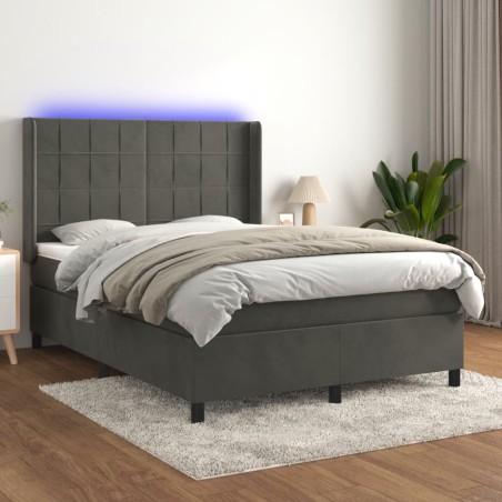 vidaXL Cama box spring colchón y LED terciopelo gris oscuro 140x190 cm