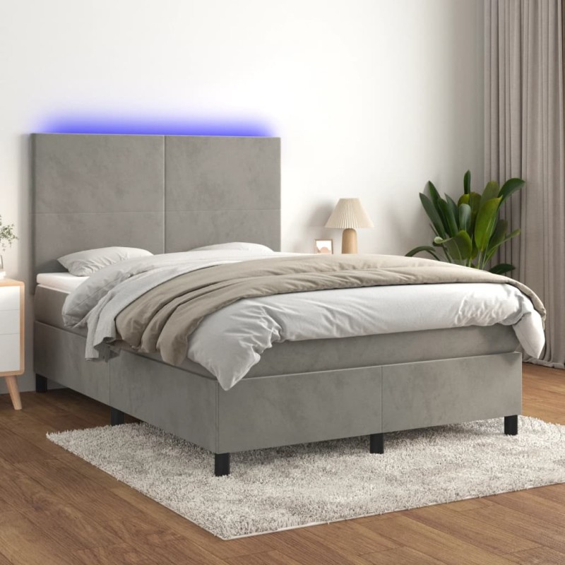 vidaXL Cama box spring colchón y LED terciopelo gris claro 140x200 cm vidaXL Cama box spring colchón y LED terciopelo gris claro 140x200 cm