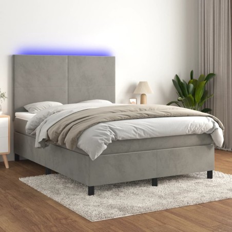 vidaXL Cama box spring colchón y LED terciopelo gris claro 140x200 cm