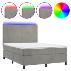 vidaXL Cama box spring colchón y LED terciopelo gris claro 140x200 cm