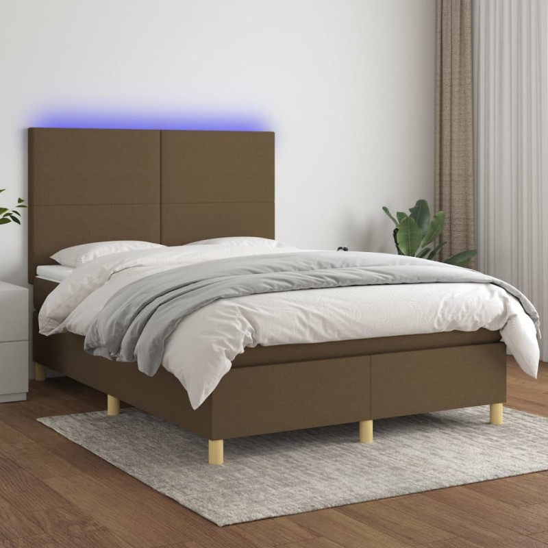 vidaXL Cama box spring colchón luces LED tela marrón oscuro 140x190 cm vidaXL Cama box spring colchón luces LED tela marrón oscuro 140x190 cm