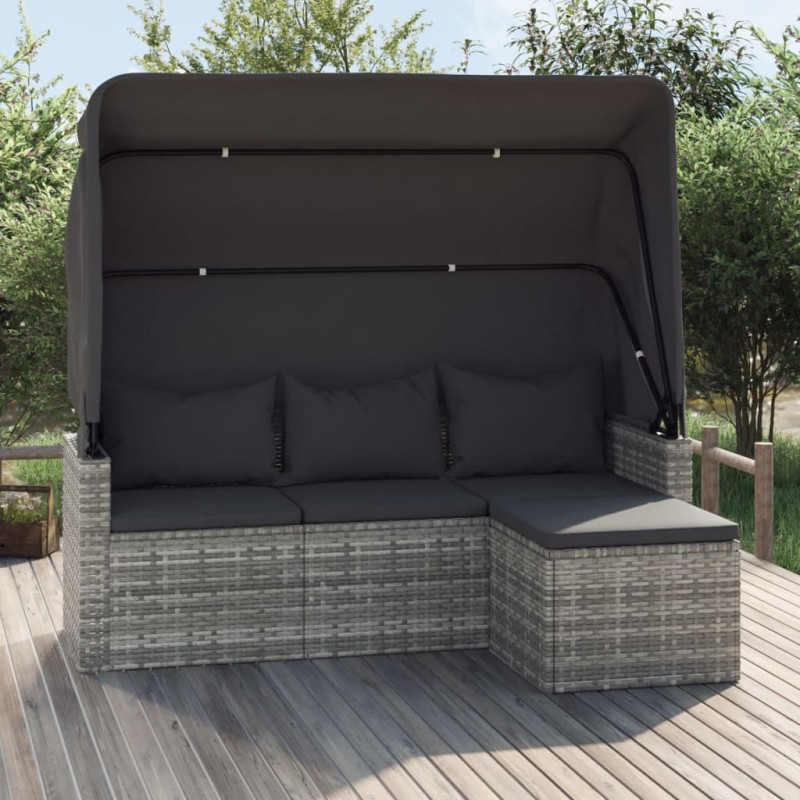 vidaXL Sofá jardín 3 plazas con toldo y taburete ratán sintético gris vidaXL Sofá jardín 3 plazas con toldo y taburete ratán sintético gris