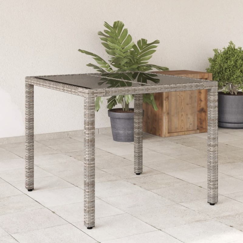 vidaXL Mesa de jardín superficie de vidrio ratán PE gris 90x90x75 cm vidaXL Mesa de jardín superficie de vidrio ratán PE gris 90x90x75 cm