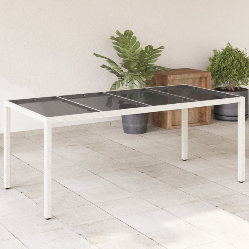 vidaXL Mesa de jardín superficie de vidrio ratán PE blanco 190x90x75cm vidaXL Mesa de jardín superficie de vidrio ratán PE blanco 190x90x75cm