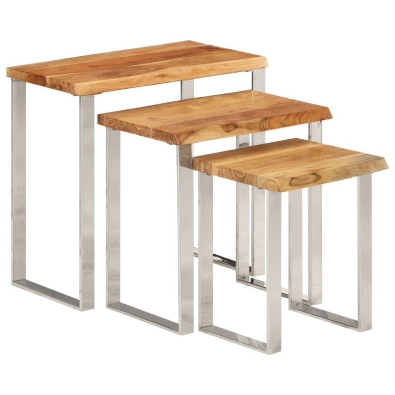 vidaXL Set de 3 mesas apilables con borde natural madera maciza acacia vidaXL Set de 3 mesas apilables con borde natural madera maciza acacia