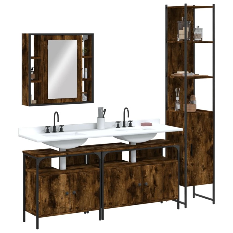 vidaXL Set de muebles de baño 4 piezas madera contrachapada roble humo vidaXL Set de muebles de baño 4 piezas madera contrachapada roble humo