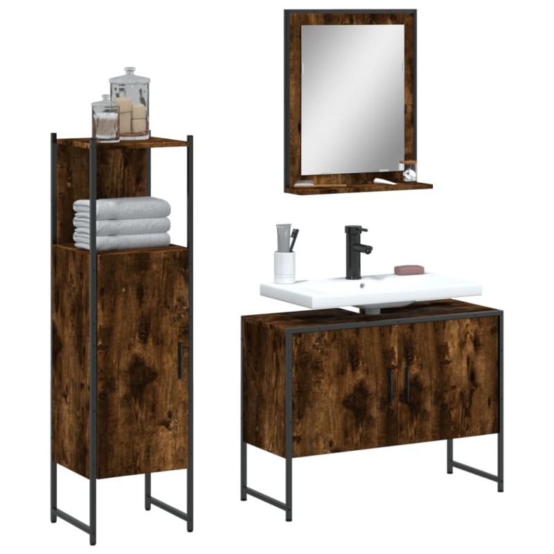 vidaXL Set de muebles baño 3 pzas madera contrachapada roble ahumado vidaXL Set de muebles baño 3 pzas madera contrachapada roble ahumado