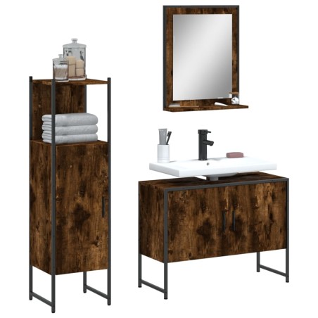 vidaXL Set de muebles baño 3 pzas madera contrachapada roble ahumado
