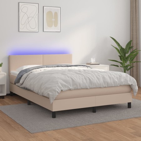 vidaXL Cama box spring colchón LED cuero sintético capuchino 140x190cm