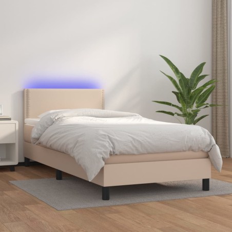 vidaXL Cama box spring colchón LED cuero sintético capuchino 90x200 cm