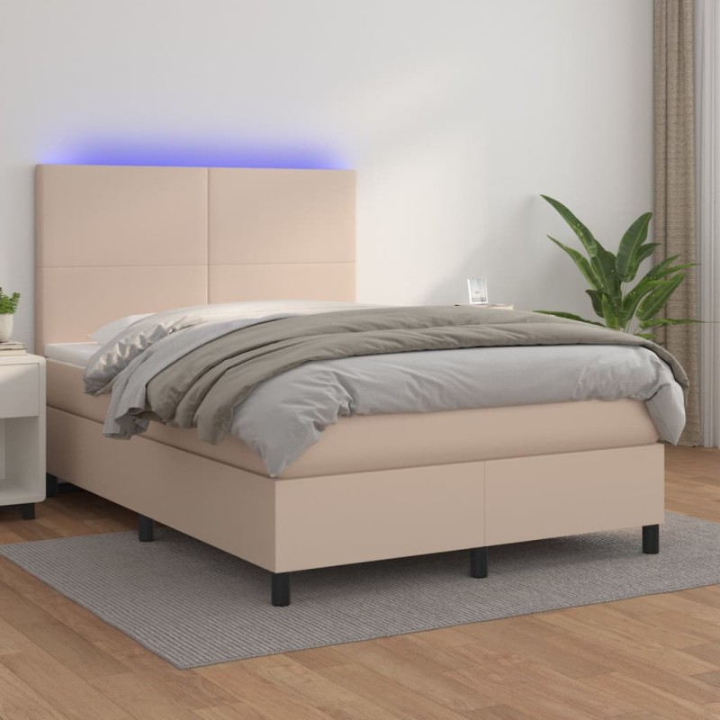 vidaXL Cama box spring colchón LED cuero sintético capuchino 140x200cm vidaXL Cama box spring colchón LED cuero sintético capuchino 140x200cm