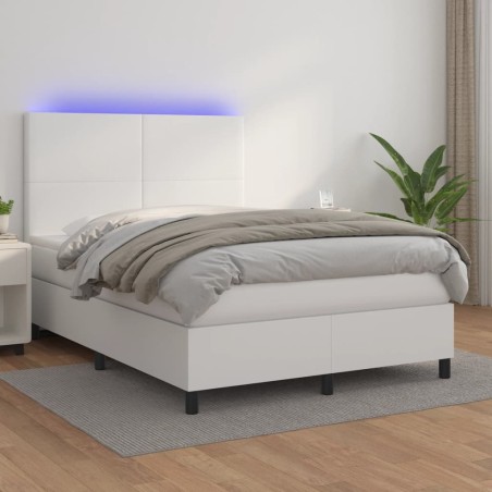 vidaXL Cama box spring colchón y LED cuero sintético blanco 140x200 cm