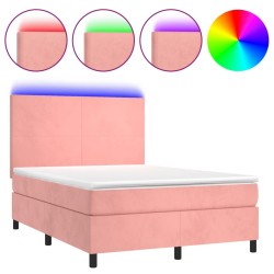 vidaXL Cama box spring colchón y LED terciopelo rosa 140x190 cm