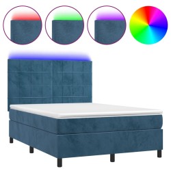 vidaXL Cama box spring colchón y LED terciopelo azul oscuro 140x200 cm