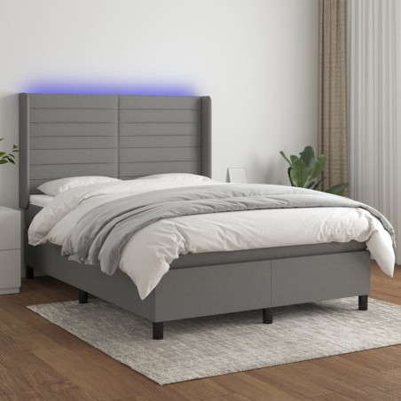 vidaXL Cama box spring colchón y luces LED tela gris oscuro 140x200 cm
