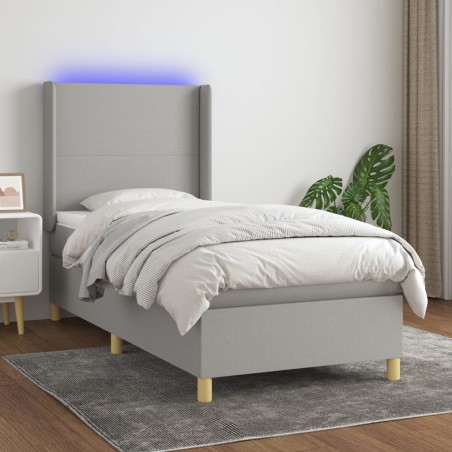 vidaXL Cama box spring colchón y luces LED tela gris claro 90x190 cm