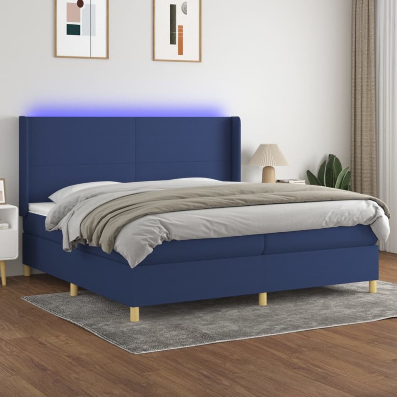 vidaXL Cama box spring colchón y luces LED tela azul 200x200 cm vidaXL Cama box spring colchón y luces LED tela azul 200x200 cm