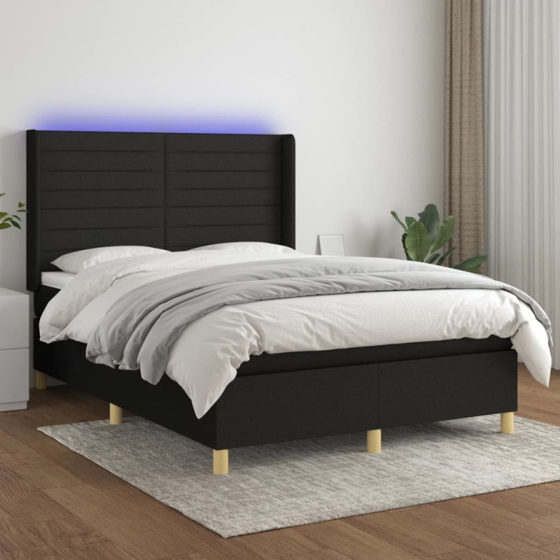 vidaXL Cama box spring colchón y luces LED tela negro 140x200 cm vidaXL Cama box spring colchón y luces LED tela negro 140x200 cm