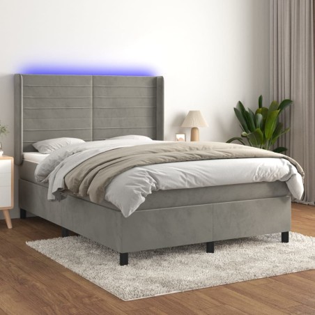 vidaXL Cama box spring colchón y LED terciopelo gris claro 140x200 cm