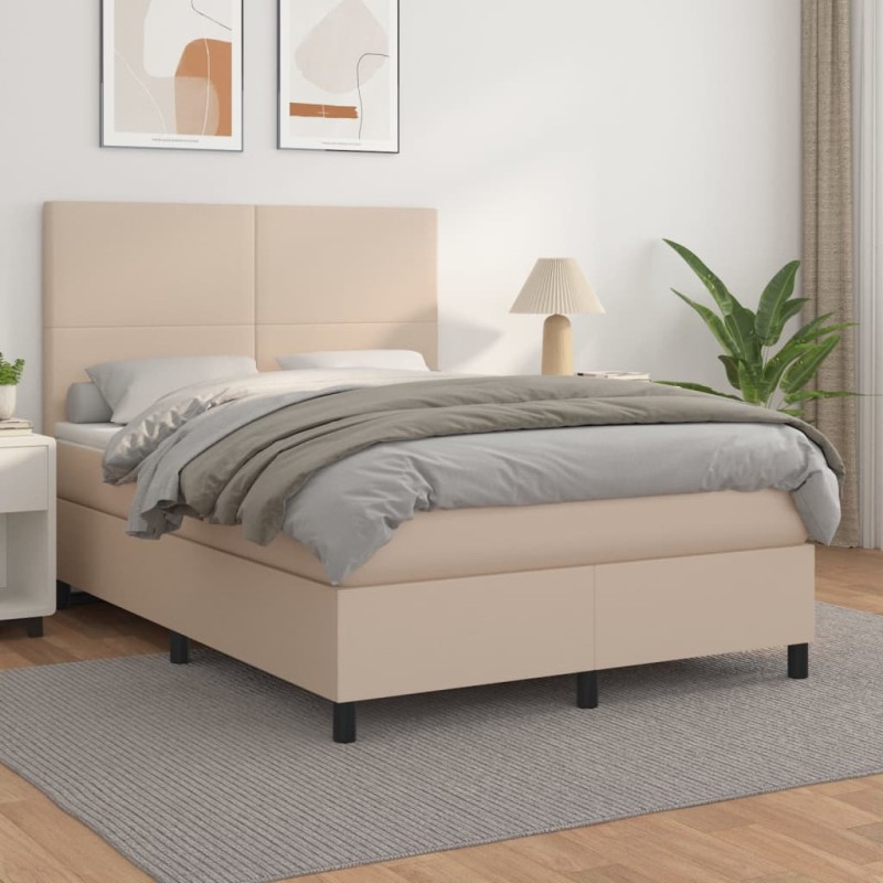 vidaXL Cama box spring con colchón cuero sintético capuchino 140x200cm vidaXL Cama box spring con colchón cuero sintético capuchino 140x200cm