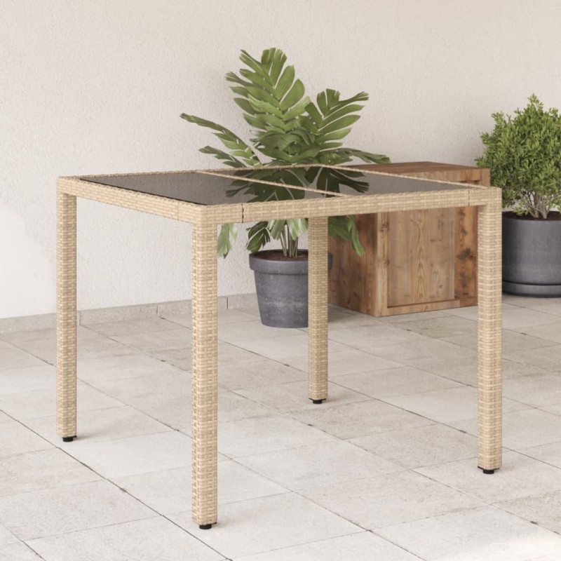 vidaXL Mesa de jardín superficie de vidrio ratán PE beige 90x90x75 cm vidaXL Mesa de jardín superficie de vidrio ratán PE beige 90x90x75 cm
