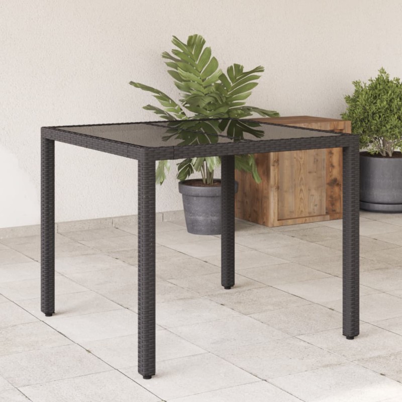 vidaXL Mesa de jardín superficie de vidrio ratán PE negro 90x90x75 cm vidaXL Mesa de jardín superficie de vidrio ratán PE negro 90x90x75 cm