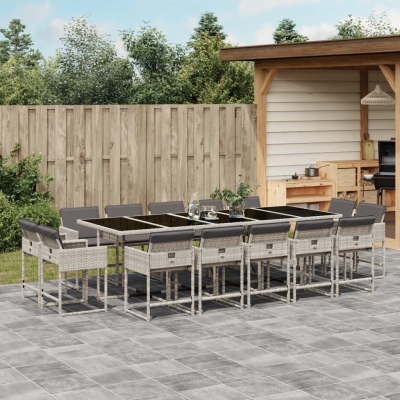 vidaXL Set comedor jardín y cojines 15 pzas ratán sintético gris claro