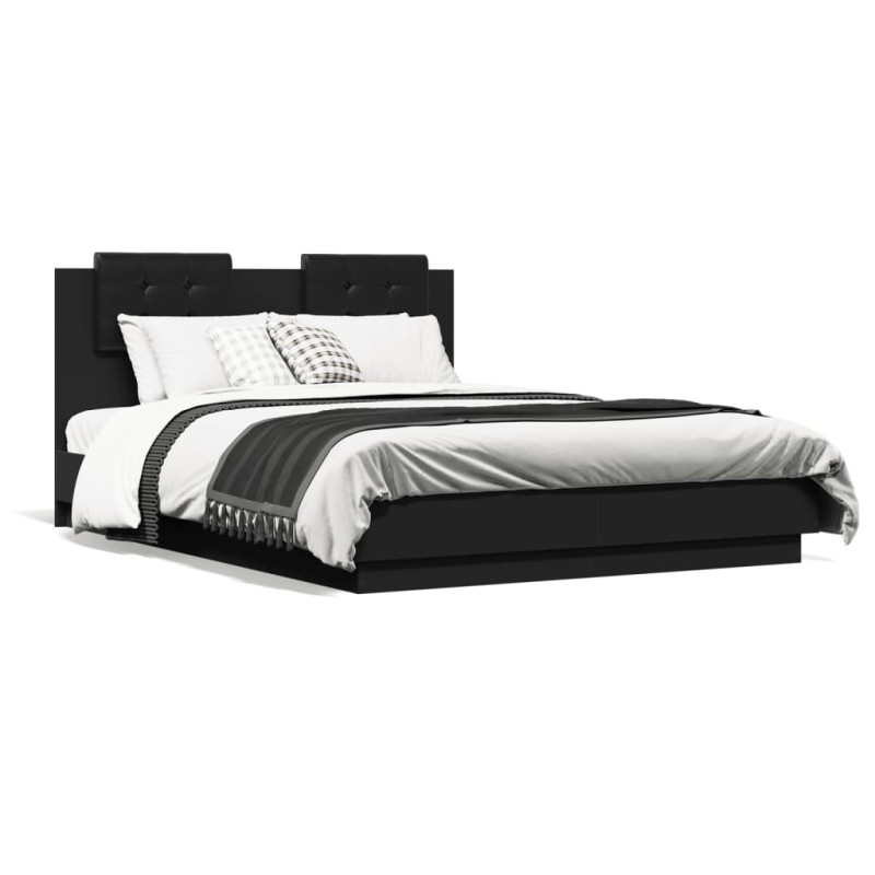 vidaXL Estructura cama con cabecero madera ingeniería negro 135x190 cm vidaXL Estructura cama con cabecero madera ingeniería negro 135x190 cm