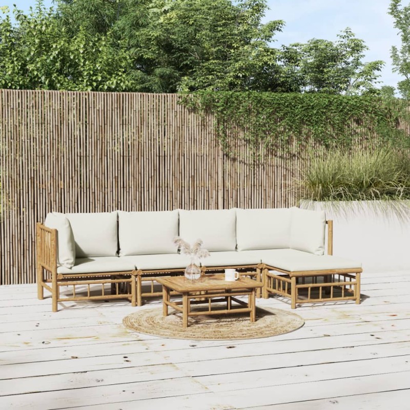 vidaXL Set de muebles de jardín 6 piezas bambú y cojines blanco crema