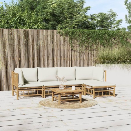 vidaXL Set de muebles de jardín 6 piezas bambú y cojines blanco crema