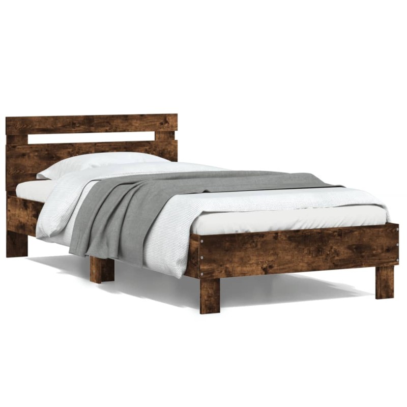 vidaXL Cama con cabecero madera de ingeniería roble ahumado 100x200 cm vidaXL Cama con cabecero madera de ingeniería roble ahumado 100x200 cm
