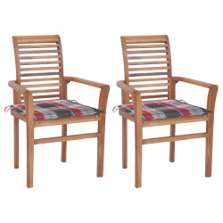 vidaXL Sillas de comedor 2 uds madera teca y cojines a cuadros rojos 
