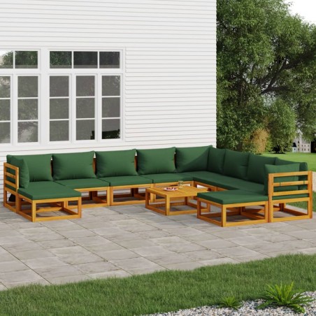 vidaXL Juego muebles de jardín 11 pzas madera maciza y cojines verdes