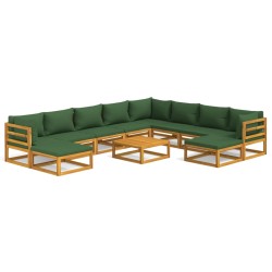 vidaXL Juego muebles de jardín 11 pzas madera maciza y cojines verdes