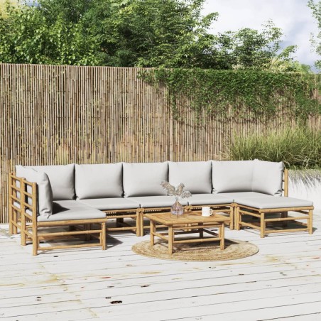 vidaXL Set de muebles de jardín 8 piezas bambú y cojines gris claro
