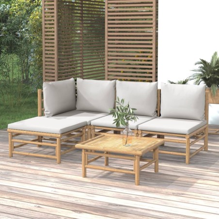 vidaXL Set de muebles de jardín 5 piezas bambú y cojines gris claro