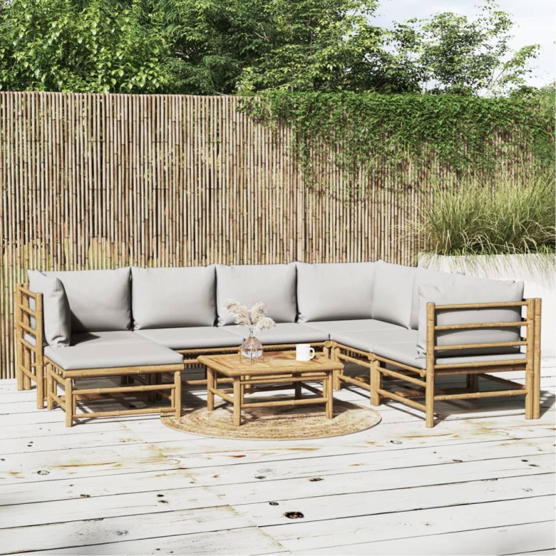 vidaXL Set de muebles de jardín 8 piezas bambú y cojines gris claro vidaXL Set de muebles de jardín 8 piezas bambú y cojines gris claro