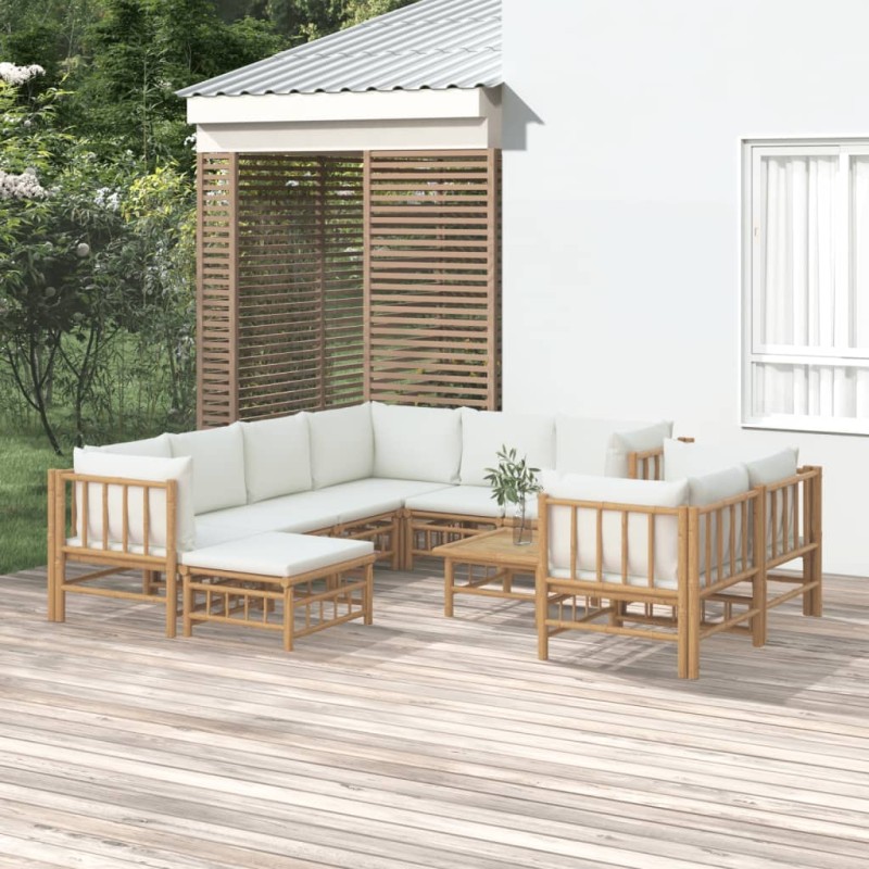 vidaXL Set de muebles de jardín 10 piezas bambú y cojines blanco crema vidaXL Set de muebles de jardín 10 piezas bambú y cojines blanco crema