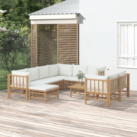 vidaXL Set de muebles de jardín 10 piezas bambú y cojines blanco crema