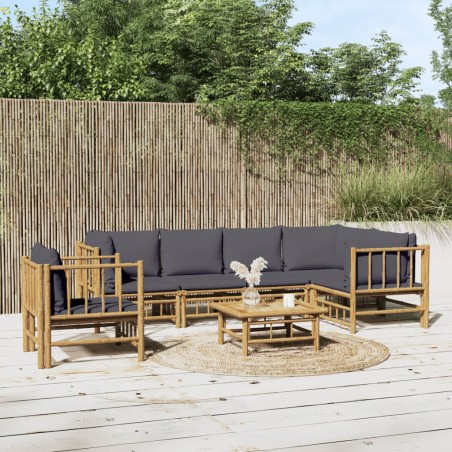 vidaXL Set de muebles de jardín 7 piezas bambú con cojines gris oscuro
