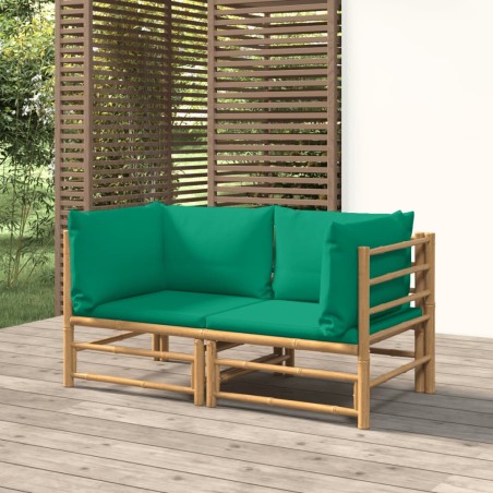 vidaXL Sofás esquineros de jardín 2 uds bambú con cojines verde