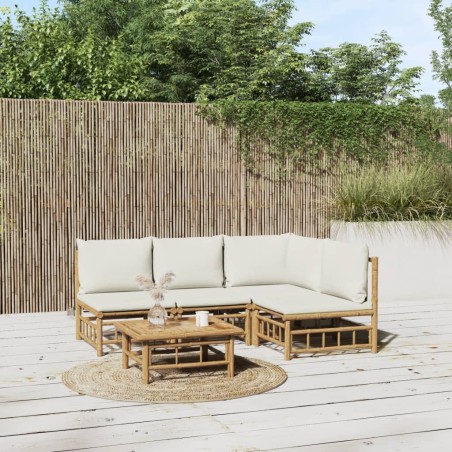 vidaXL Set de muebles de jardín 5 piezas bambú y cojines blanco crema