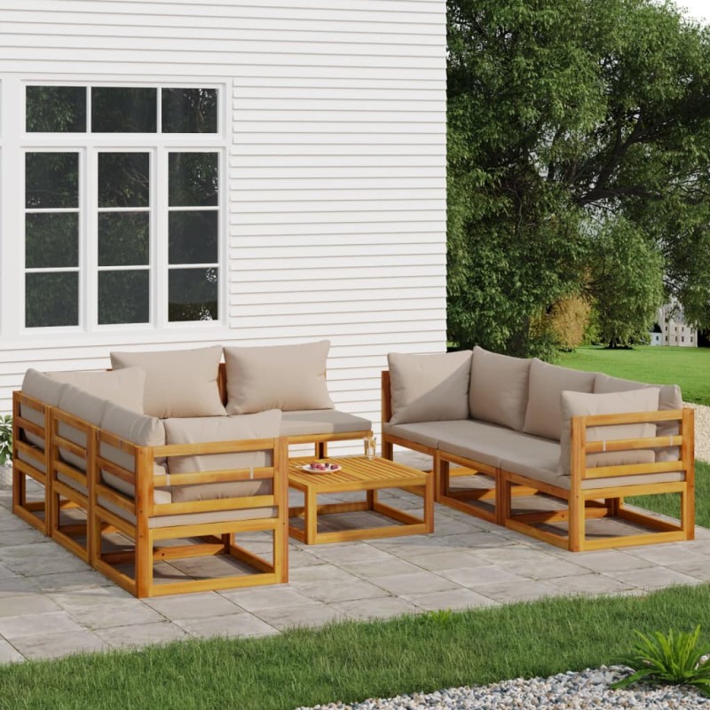 vidaXL Set muebles de jardín 9 pzas madera maciza y cojines gris taupé vidaXL Set muebles de jardín 9 pzas madera maciza y cojines gris taupé