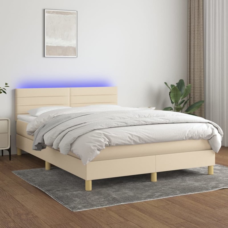vidaXL Cama box spring con colchón y LED tela crema 140x200 cm vidaXL Cama box spring con colchón y LED tela crema 140x200 cm