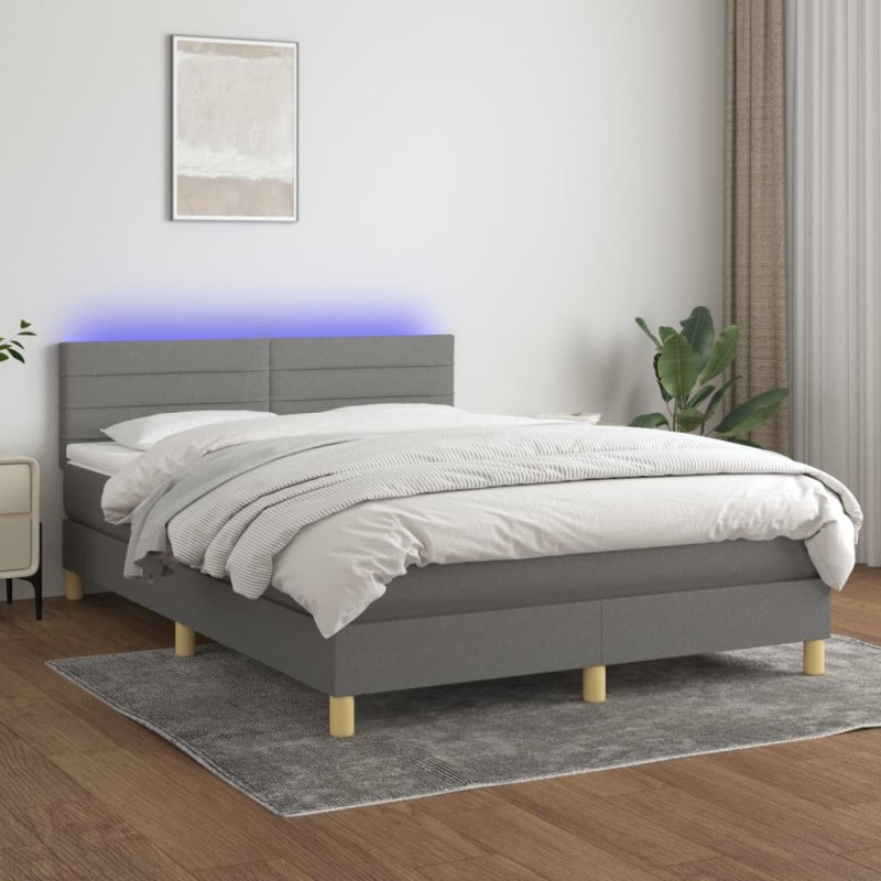 vidaXL Cama box spring colchón y luces LED tela gris oscuro 140x190 cm vidaXL Cama box spring colchón y luces LED tela gris oscuro 140x190 cm