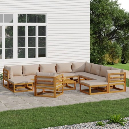 vidaXL Set muebles jardín 12 pzas madera maciza y cojines gris taupé