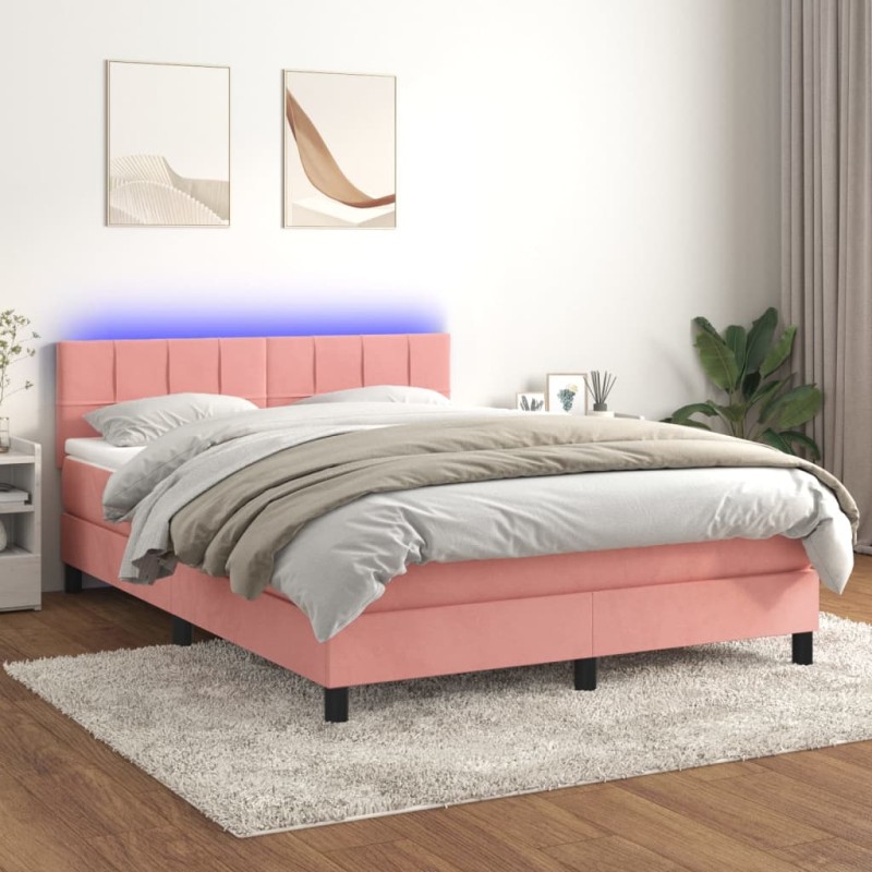 vidaXL Cama box spring colchón y LED terciopelo rosa 140x200 cm vidaXL Cama box spring colchón y LED terciopelo rosa 140x200 cm